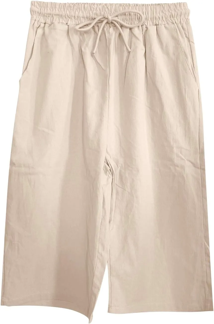 LCMTWX Womens Linen Pants Waist Pants Drawstring Pants with Pockets Wide Leg Cropped Pants for Women Capri Pants 2025 Pants
