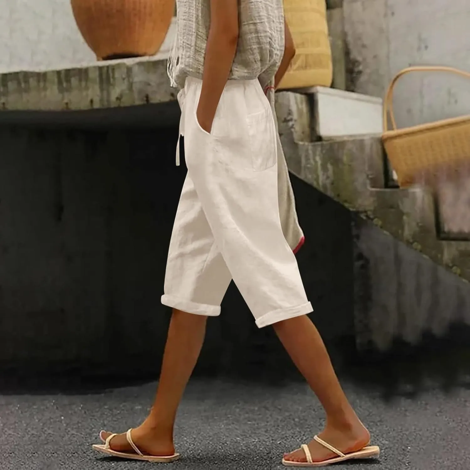 LCMTWX Womens Linen Pants Waist Pants Drawstring Pants with Pockets Wide Leg Cropped Pants for Women Capri Pants 2025 Pants