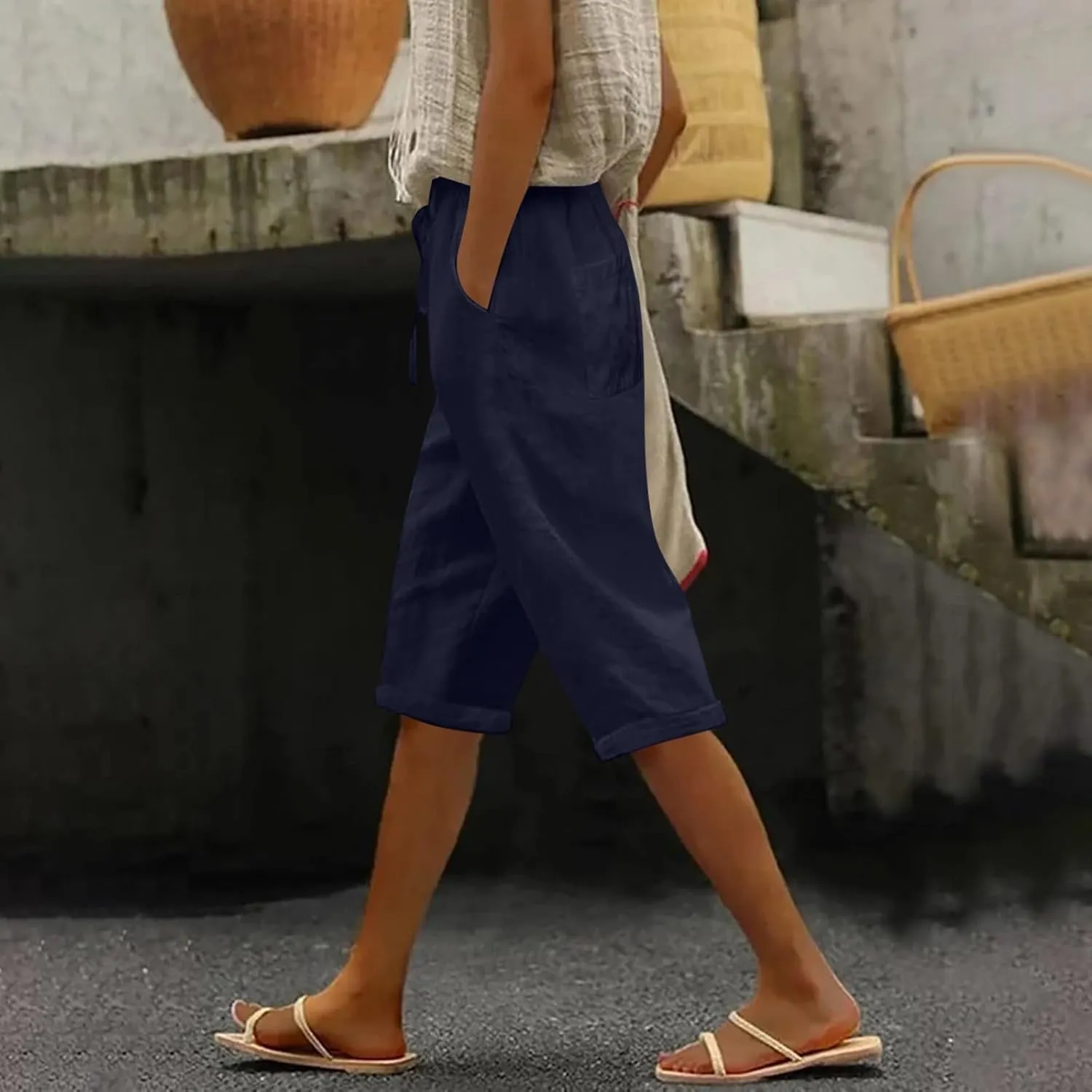 LCMTWX Womens Linen Pants Waist Pants Drawstring Pants with Pockets Wide Leg Cropped Pants for Women Capri Pants 2025 Pants