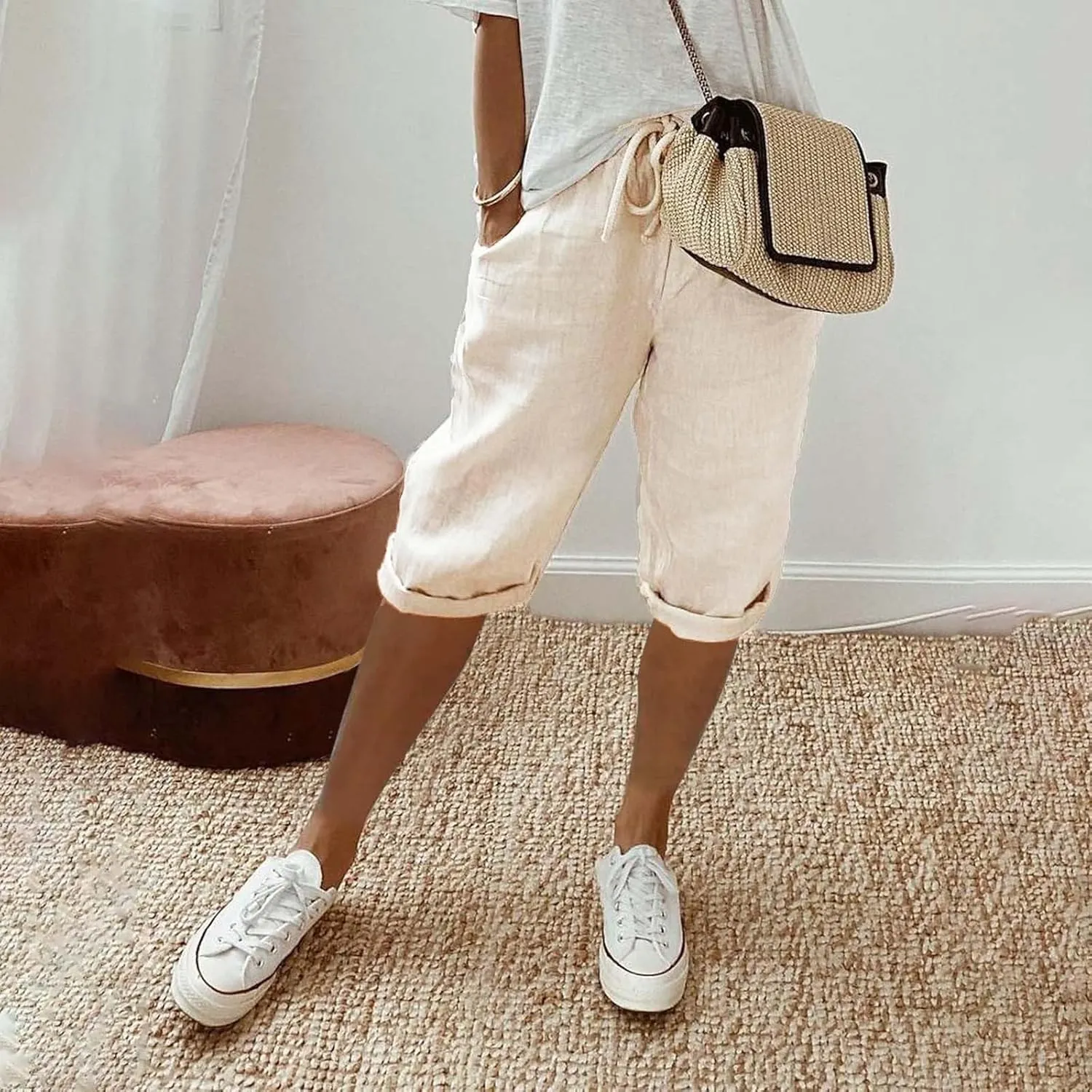 LCMTWX Womens Linen Pants Waist Pants Drawstring Pants with Pockets Wide Leg Cropped Pants for Women Capri Pants 2025 Pants