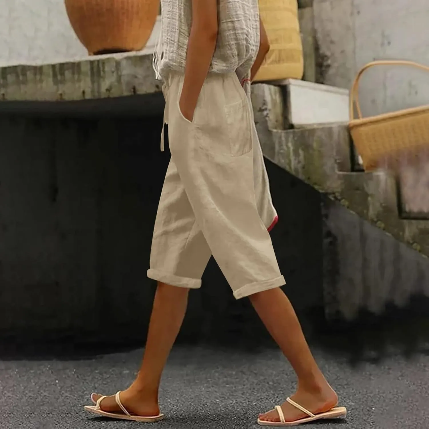 LCMTWX Womens Linen Pants Waist Pants Drawstring Pants with Pockets Wide Leg Cropped Pants for Women Capri Pants 2025 Pants