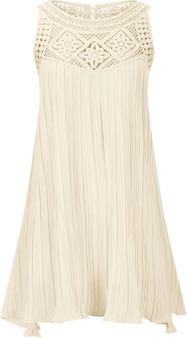 LEMONONSTORE Women Trendy Pleated Dresses Sleeveless Crochet Lace Halter Neck Sundress Casual Summer Flowy A Line Mini Dress