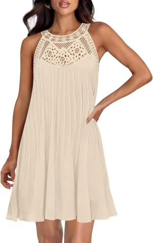 LEMONONSTORE Women Trendy Pleated Dresses Sleeveless Crochet Lace Halter Neck Sundress Casual Summer Flowy A Line Mini Dress