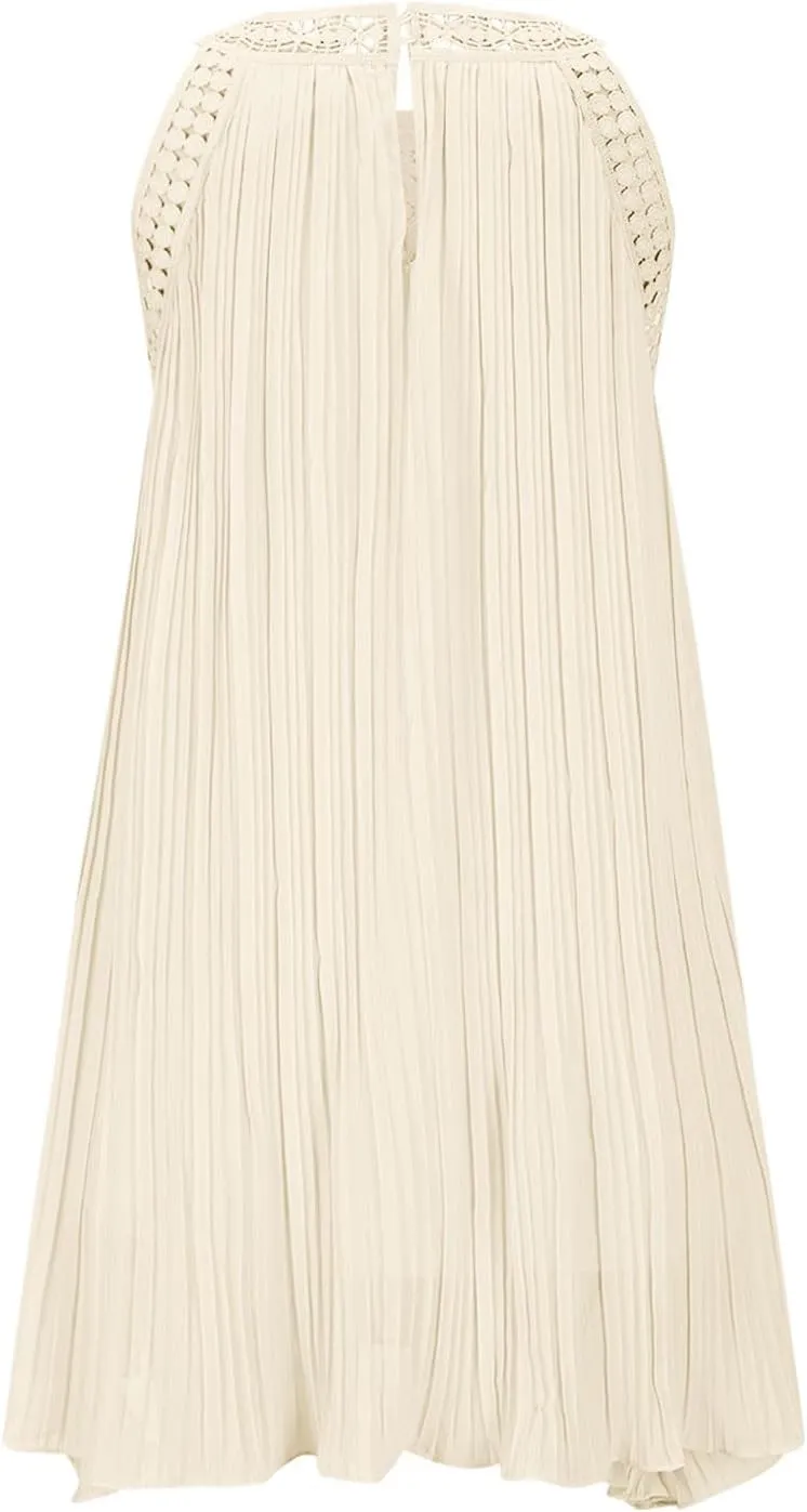 LEMONONSTORE Women Trendy Pleated Dresses Sleeveless Crochet Lace Halter Neck Sundress Casual Summer Flowy A Line Mini Dress