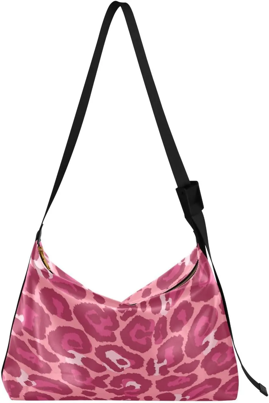 Leopard Pink Pattern Hobo Crossbody Bags for Women Leather Large Shoulder Bag Cross Body Trendy Womens Tote Bags Handbag for Travel Shopping