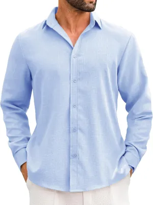 LETSEE Men's Linen Shirts Long Sleeve Untucked Casual Button Down Shirts for Men Business Dress Clothes Fashion Beach Tops