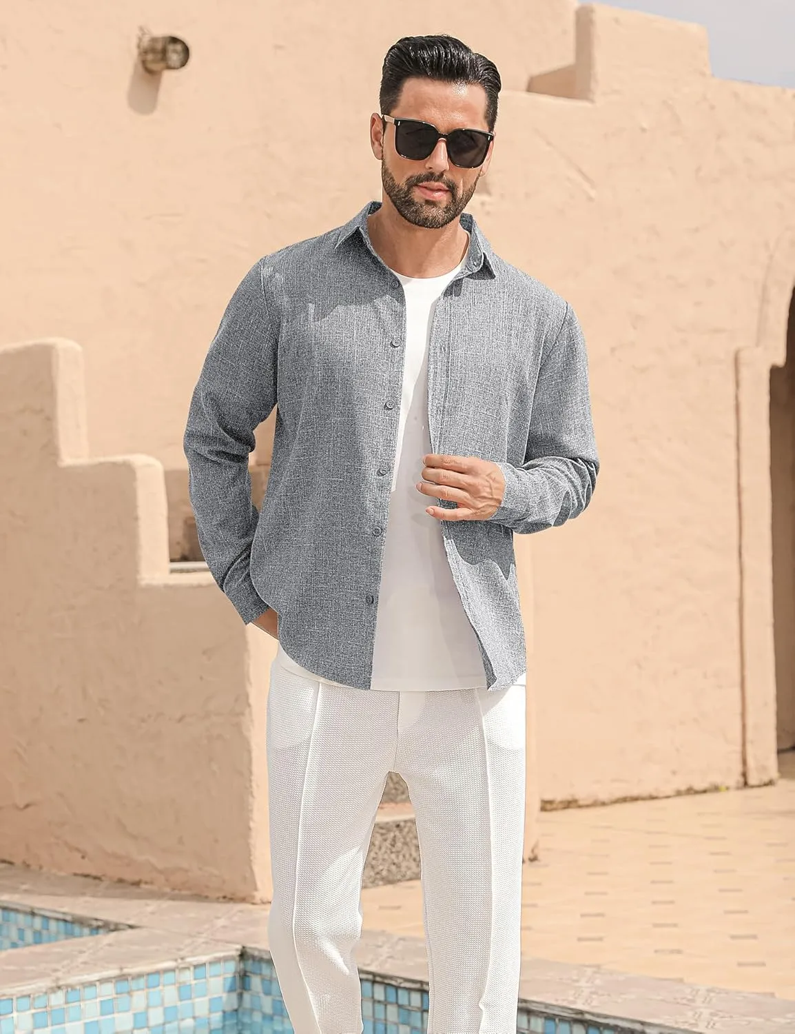 LETSEE Men's Linen Shirts Long Sleeve Untucked Casual Button Down Shirts for Men Business Dress Clothes Fashion Beach Tops