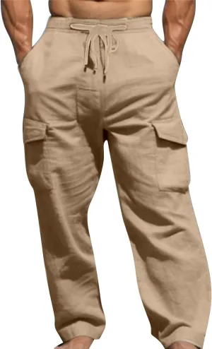 Linen Cargo Pants Men's Lightweight Soft Wide Leg Sweatpants Summer Loose Fit Drawstring Solid Joggers Daily Workout Trousers