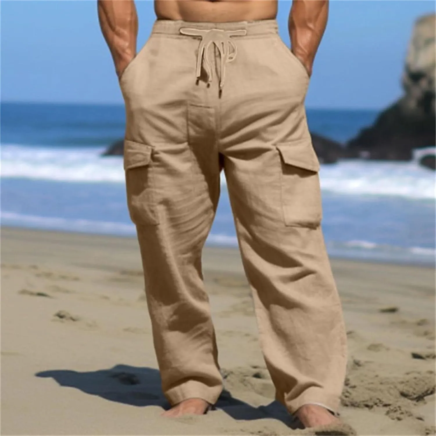Linen Cargo Pants Men's Lightweight Soft Wide Leg Sweatpants Summer Loose Fit Drawstring Solid Joggers Daily Workout Trousers
