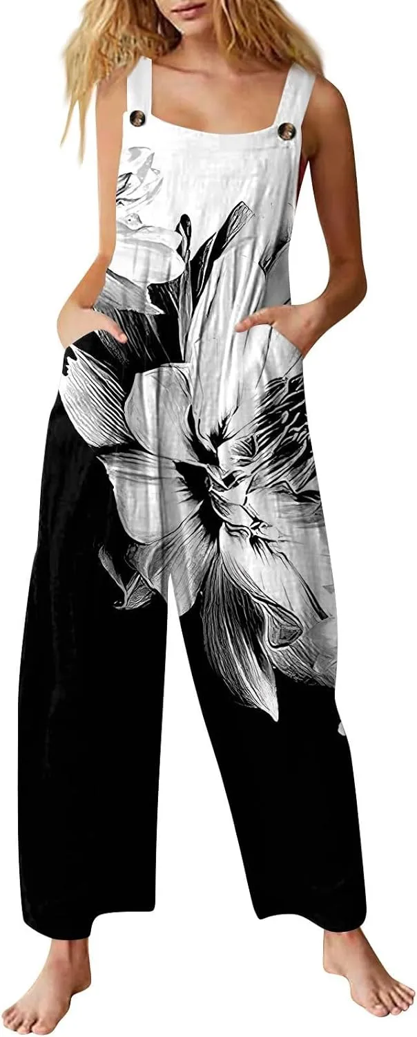 Linen Jumpsuits for Women Adjustable Straps Sleeveless Floral Printed Summer Overalls Linen Rompers with Pockets