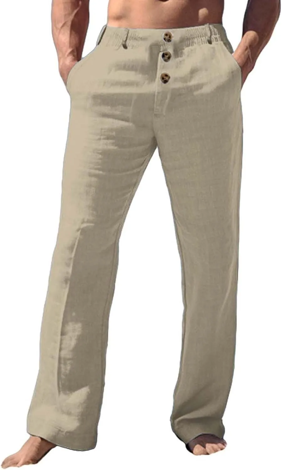 Linen Pants for Mens Casual Button Loose Summer Jogger Pant Cotton Linen Lightweight Solid Sweatpant Hipster Beach Trousers