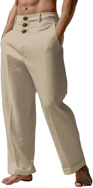 Linen Pants for Mens Casual Button Loose Summer Jogger Pant Cotton Linen Lightweight Solid Sweatpant Hipster Beach Trousers