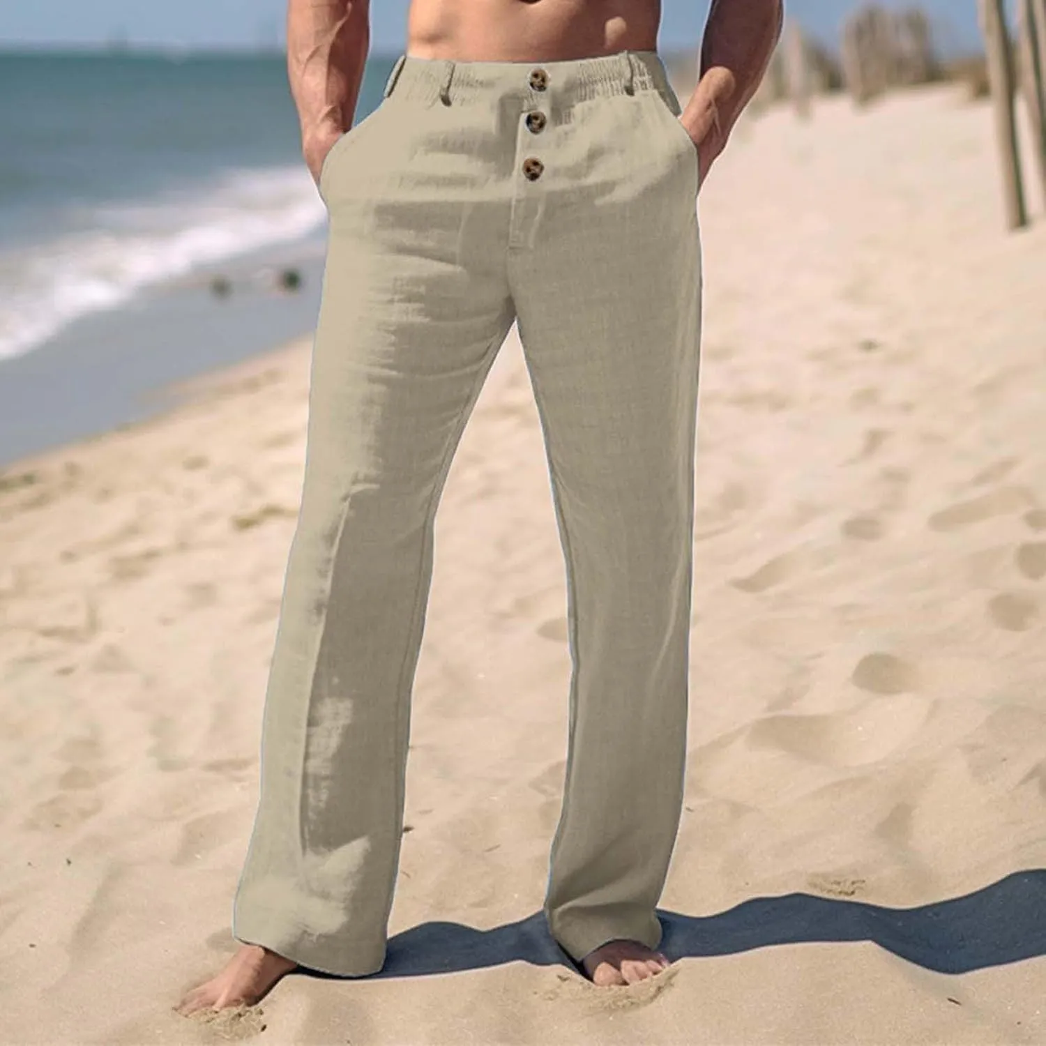 Linen Pants for Mens Casual Button Loose Summer Jogger Pant Cotton Linen Lightweight Solid Sweatpant Hipster Beach Trousers