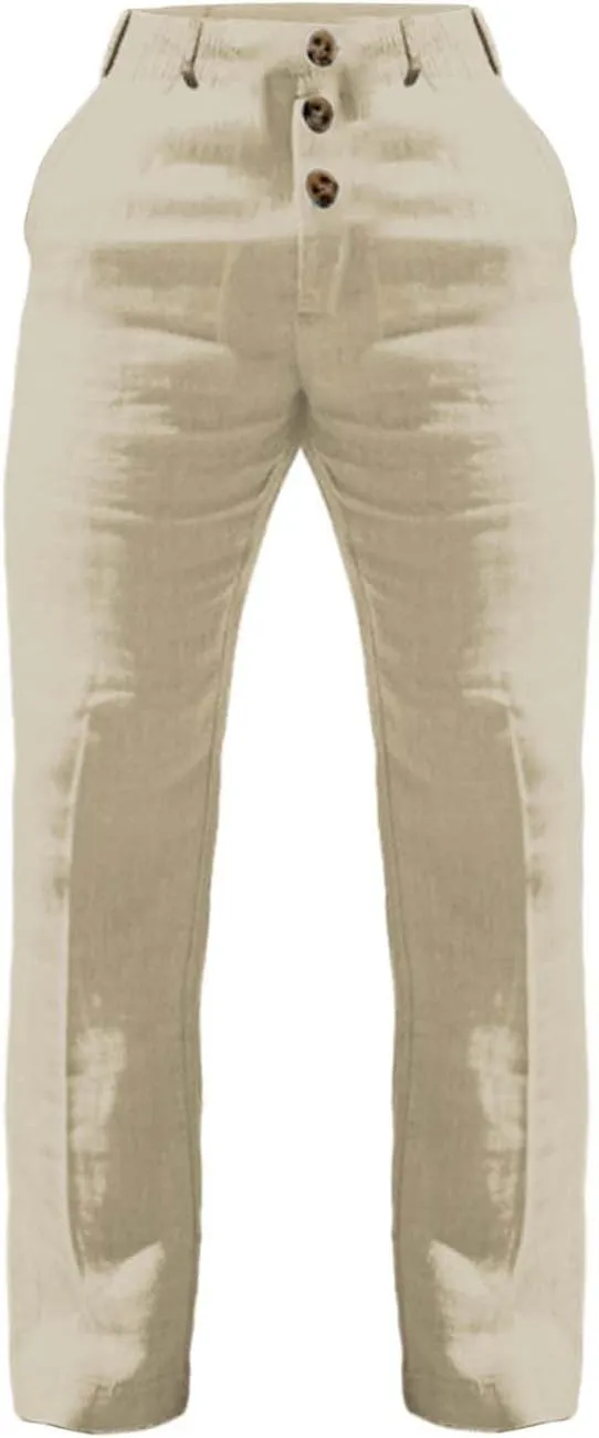 Linen Pants for Mens Casual Button Loose Summer Jogger Pant Cotton Linen Lightweight Solid Sweatpant Hipster Beach Trousers