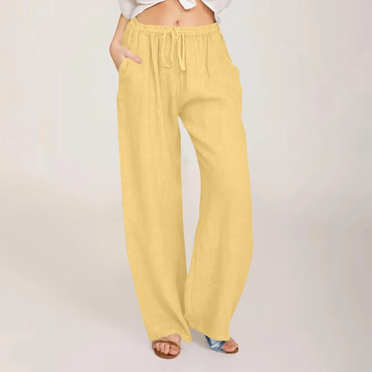Linen Pants Women Summer Drawstring Waist Wide Leg Pants Loose Cotton Palazzo Pants Casual Beach Long Pants