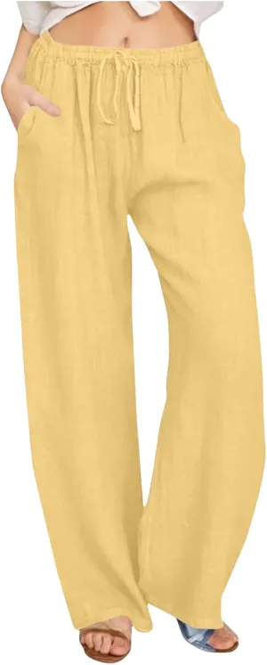 Linen Pants Women Summer Drawstring Waist Wide Leg Pants Loose Cotton Palazzo Pants Casual Beach Long Pants