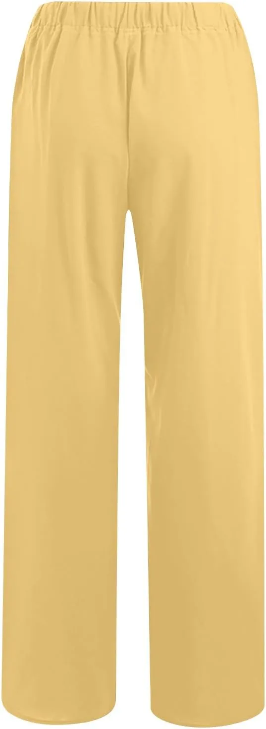 Linen Pants Women Summer Drawstring Waist Wide Leg Pants Loose Cotton Palazzo Pants Casual Beach Long Pants