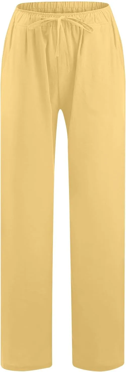 Linen Pants Women Summer Drawstring Waist Wide Leg Pants Loose Cotton Palazzo Pants Casual Beach Long Pants