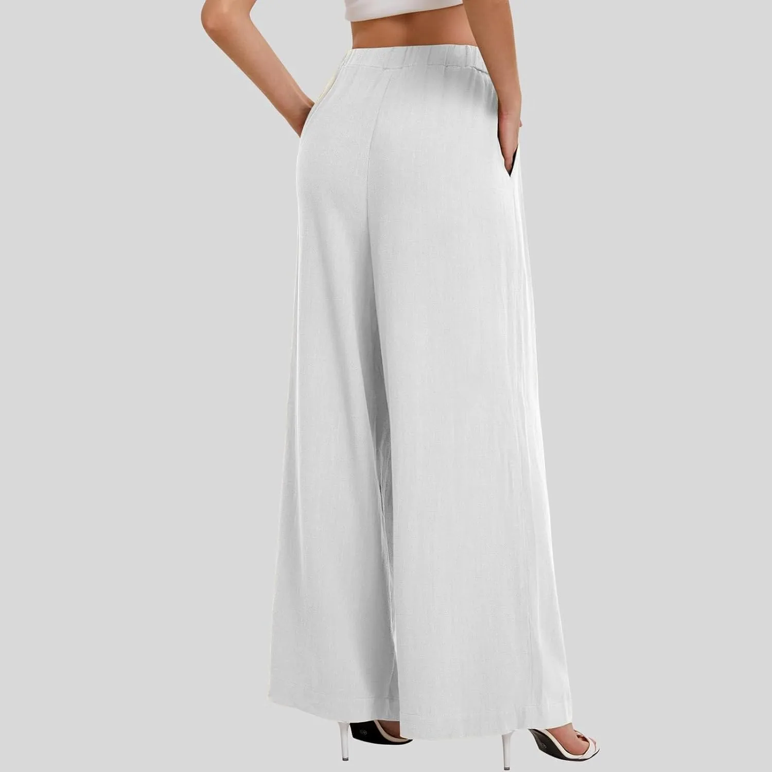 Linen Pants Women Wide Leg Flowy Boho Pants Palazzo Pants Beach with Pockets Lounge Pants Loose Fit