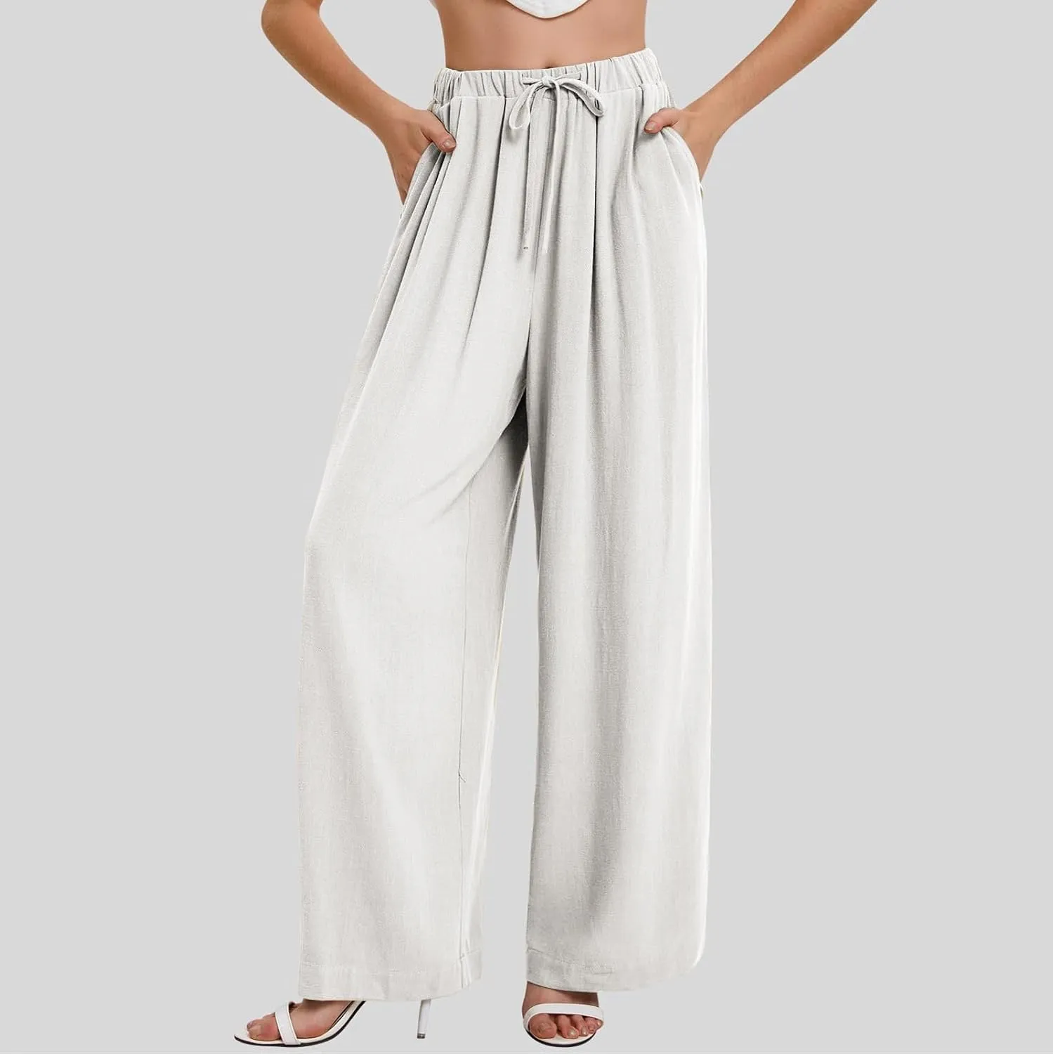 Linen Pants Women Wide Leg Flowy Boho Pants Palazzo Pants Beach with Pockets Lounge Pants Loose Fit