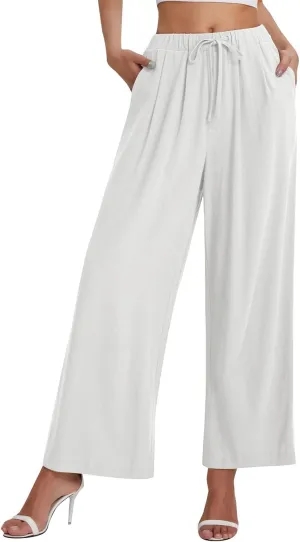 Linen Pants Women Wide Leg Flowy Boho Pants Palazzo Pants Beach with Pockets Lounge Pants Loose Fit