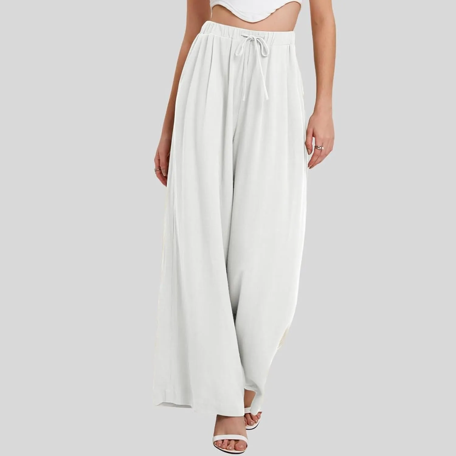 Linen Pants Women Wide Leg Flowy Boho Pants Palazzo Pants Beach with Pockets Lounge Pants Loose Fit