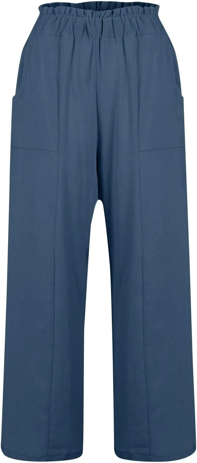 Linen Pants Women Wide Leg High Waisted Lounge Capri Pants Dress Pants Summer Business Casual Work Pants Trousers