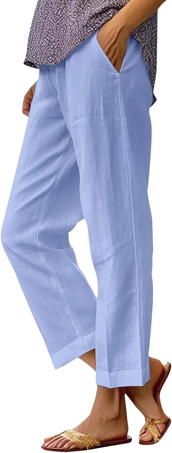 Linen Pants Womens Summer Pants Wide Leg Pants Casual with Pockets Elastic Waist Straight Leg Pants Beach Trousers