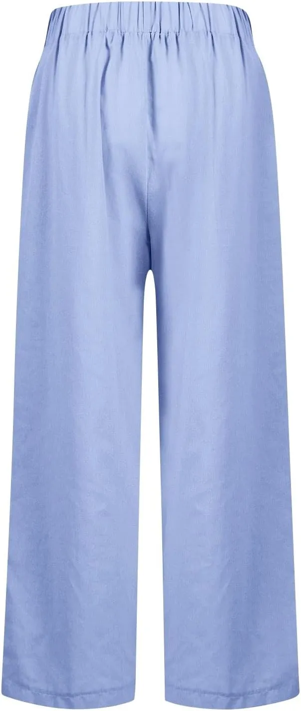 Linen Pants Womens Summer Pants Wide Leg Pants Casual with Pockets Elastic Waist Straight Leg Pants Beach Trousers
