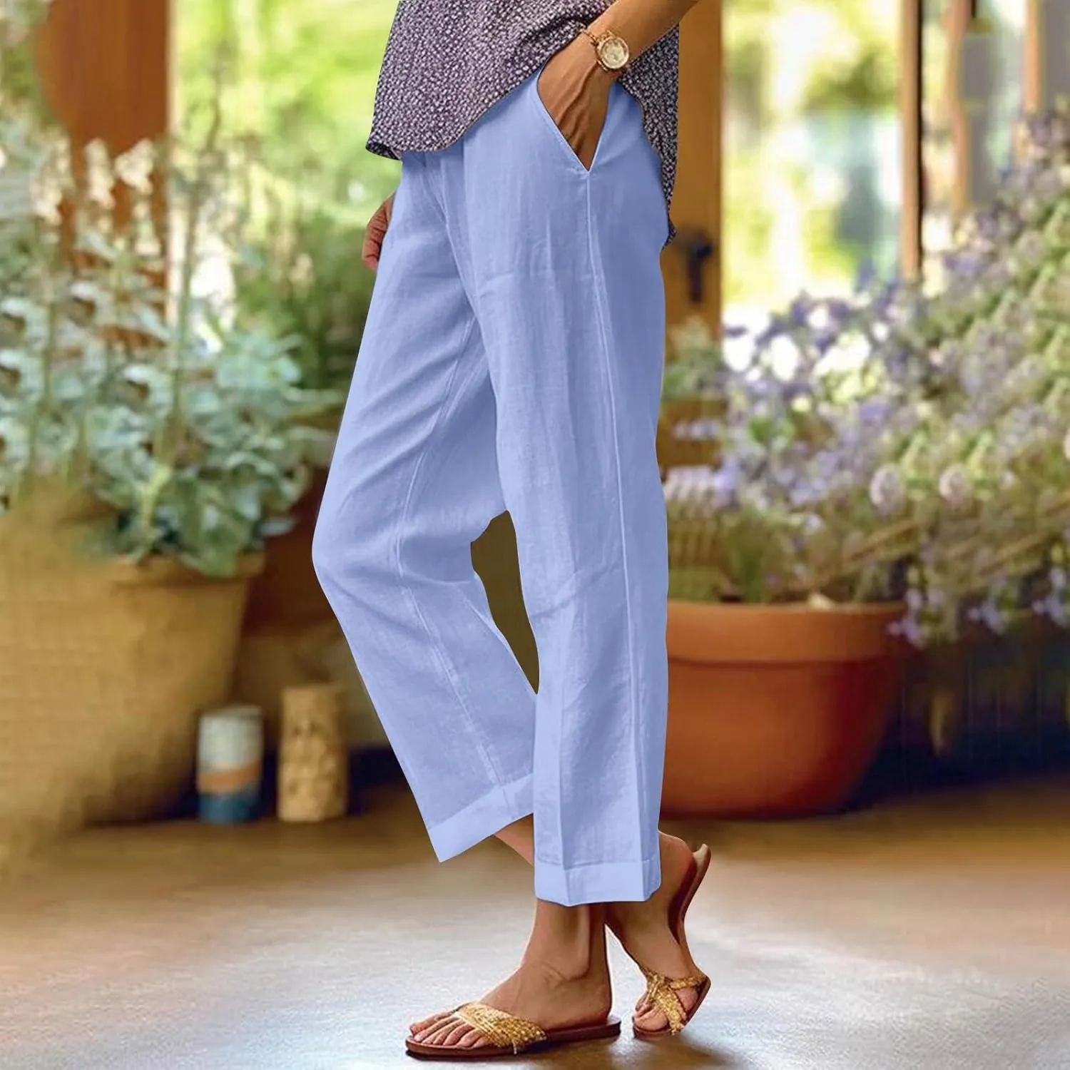 Linen Pants Womens Summer Pants Wide Leg Pants Casual with Pockets Elastic Waist Straight Leg Pants Beach Trousers
