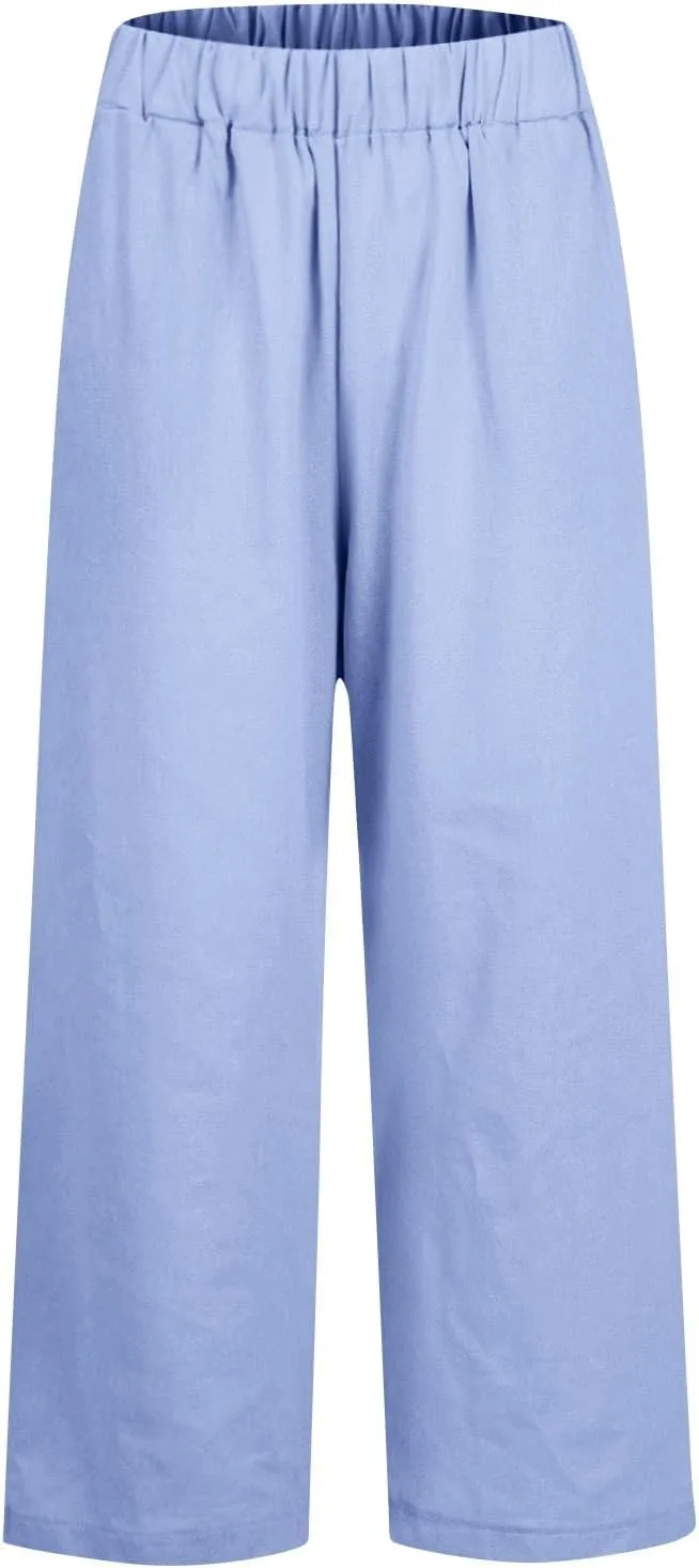 Linen Pants Womens Summer Pants Wide Leg Pants Casual with Pockets Elastic Waist Straight Leg Pants Beach Trousers