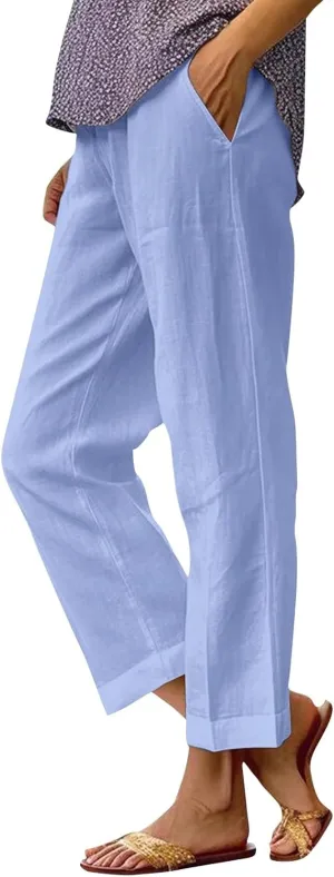 Linen Pants Womens Summer Pants Wide Leg Pants Casual with Pockets Elastic Waist Straight Leg Pants Beach Trousers