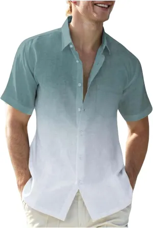 Linen Shirts for Men Gradient Short Sleeve Casual Button Down Shirt Lightweight Summer Beach Regular Fit Hawaiian Shirt