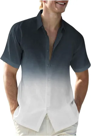 Linen Shirts for Men Gradient Short Sleeve Casual Button Down Shirt Lightweight Summer Beach Regular Fit Hawaiian Shirt