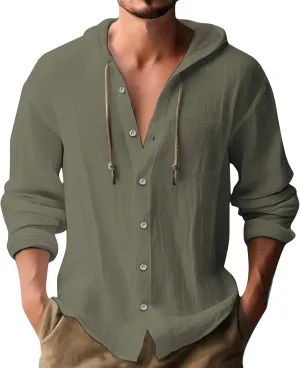 Linen Shirts for Men Long Sleeve Button Down Casual Hawaiian Shirt with Hood Lightweight Spring Summer Beach Hoodie