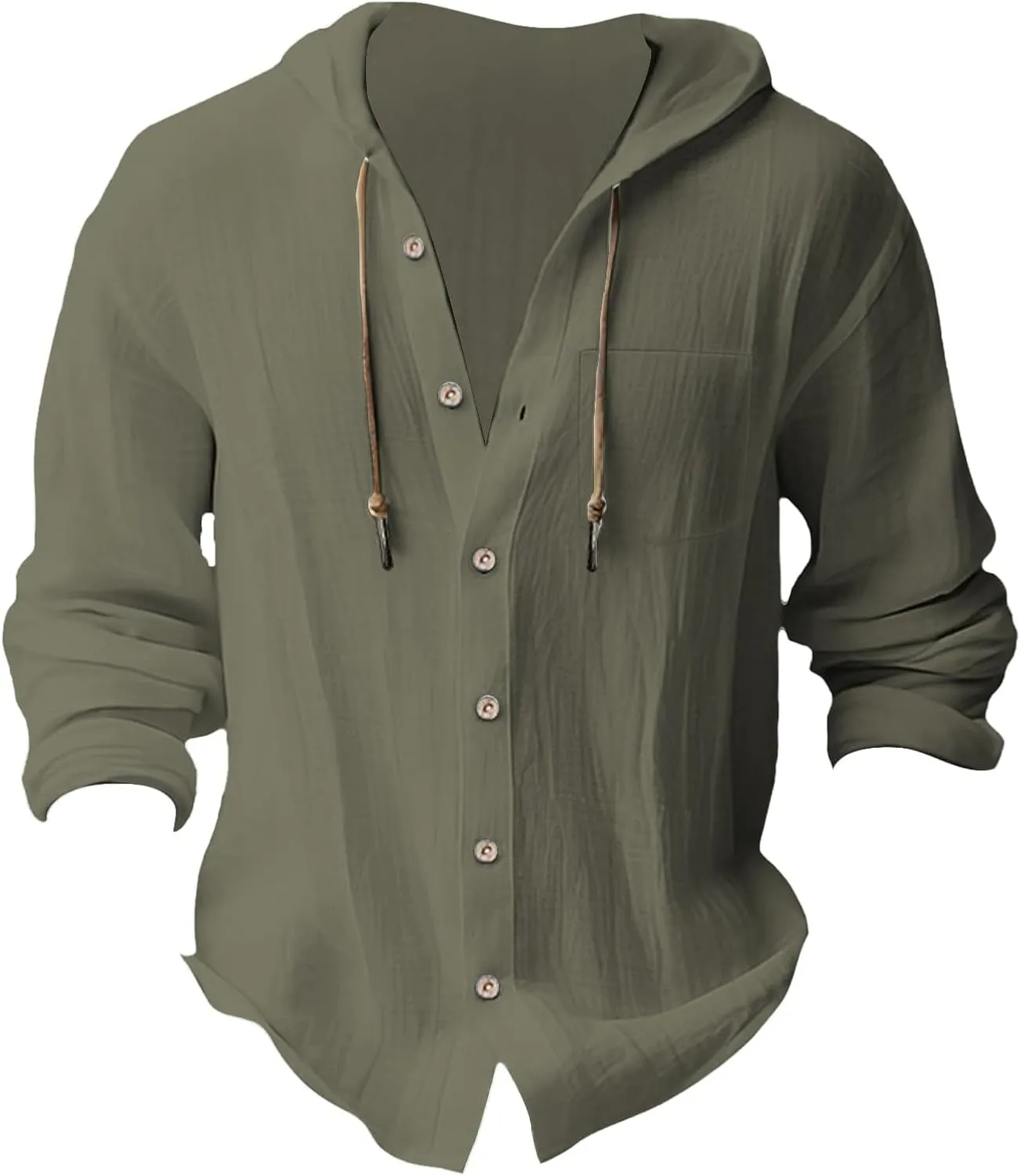 Linen Shirts for Men Long Sleeve Button Down Casual Hawaiian Shirt with Hood Lightweight Spring Summer Beach Hoodie
