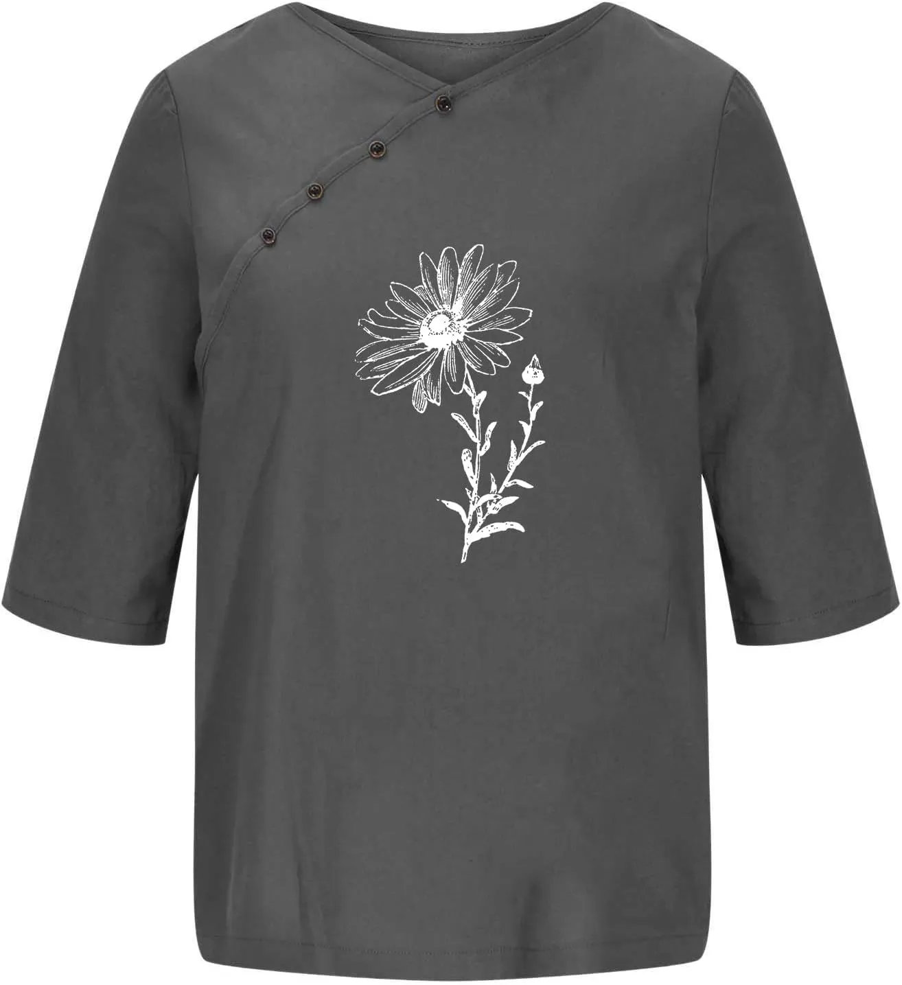 Linen Shirts for Women Crewneck Button Down Floral Blouse Tops Dressy Casual Summer Oversized Tshirts 2024