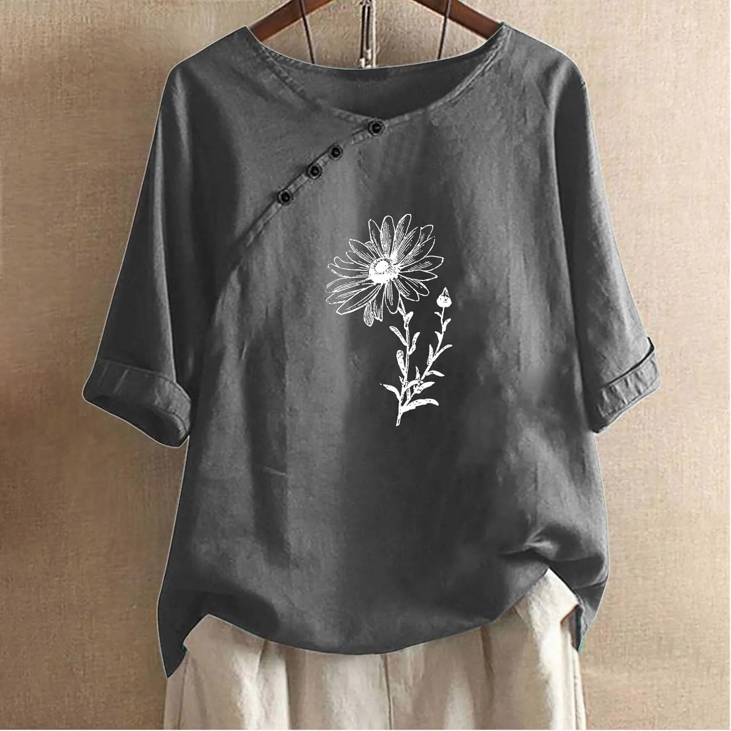 Linen Shirts for Women Crewneck Button Down Floral Blouse Tops Dressy Casual Summer Oversized Tshirts 2024