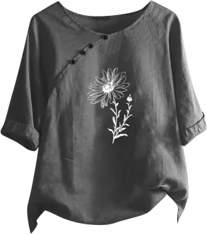 Linen Shirts for Women Crewneck Button Down Floral Blouse Tops Dressy Casual Summer Oversized Tshirts 2024