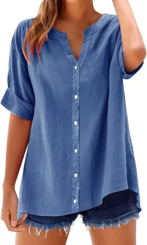 Linen Tops for Women Trendy Buttons Shirts Solid Color Stand Shirts 3/4 Sleeve T-Shirt Loose Fit Plus Size Blouses