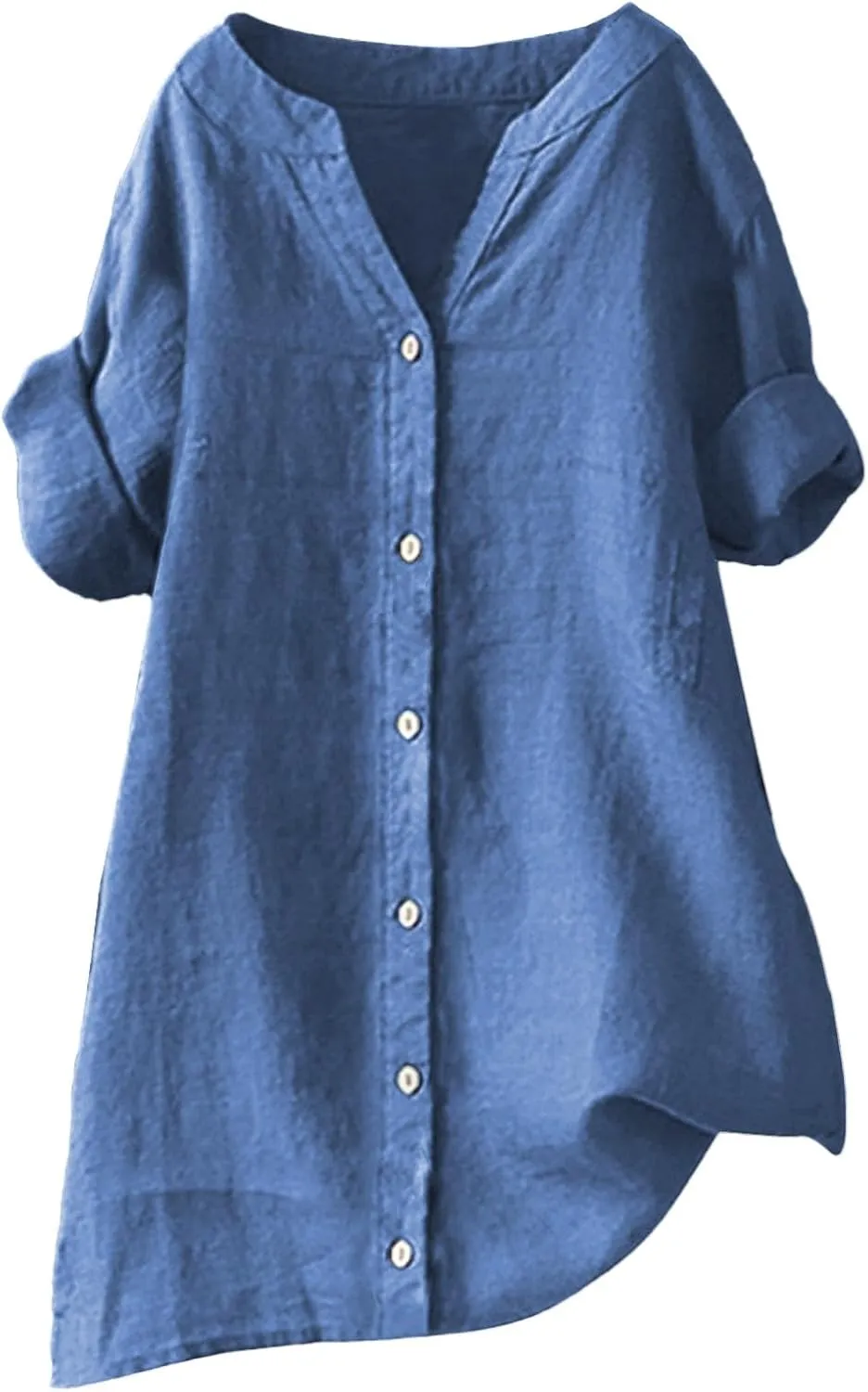 Linen Tops for Women Trendy Buttons Shirts Solid Color Stand Shirts 3/4 Sleeve T-Shirt Loose Fit Plus Size Blouses