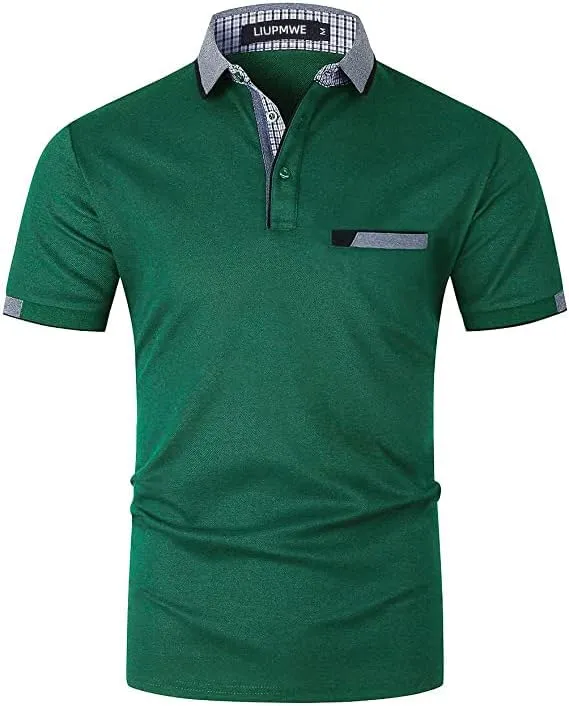 LIUPMWE Polo Shirts for Men with Pocket Elegante Plaided Short Sleeve Cotton T Shirts Golf Shirt