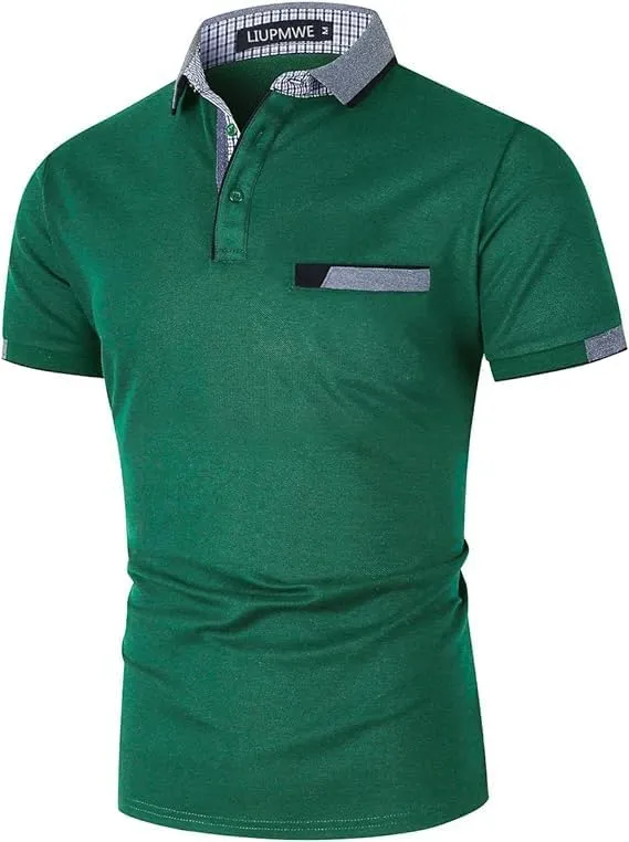 LIUPMWE Polo Shirts for Men with Pocket Elegante Plaided Short Sleeve Cotton T Shirts Golf Shirt