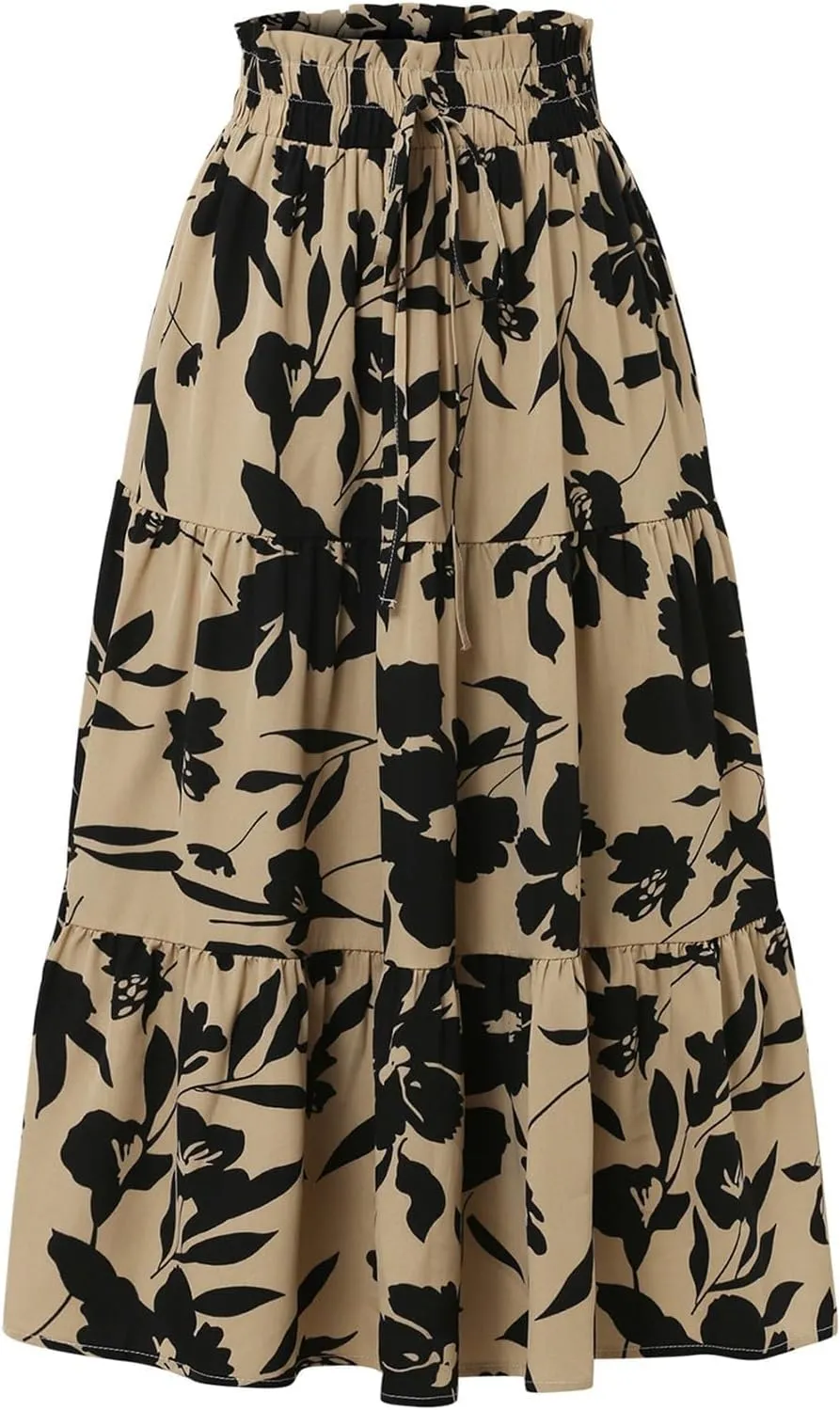 Long Skirts for Women Summer Floral Flowy Maxi Skirt Pleated High Waisted A Line Skirts Trendy Smocked Waist Skirt