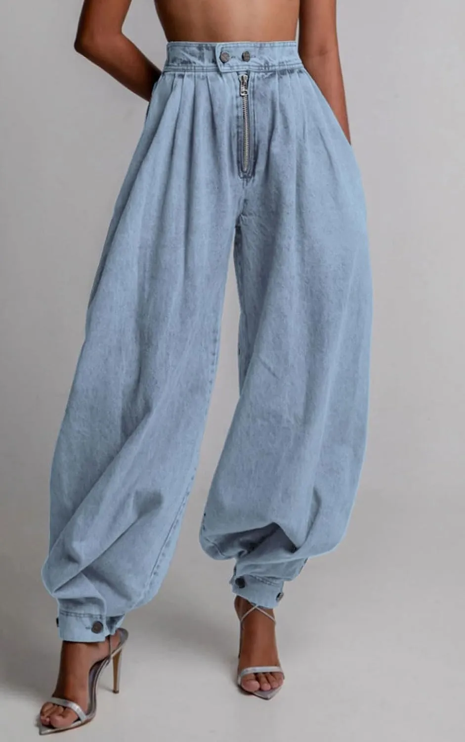 loveimgs Women Baggy Harem Jeans Joggers Denim Pants Wide Leg Jeans High Rise Sweatpants Tapered Leg Trousers