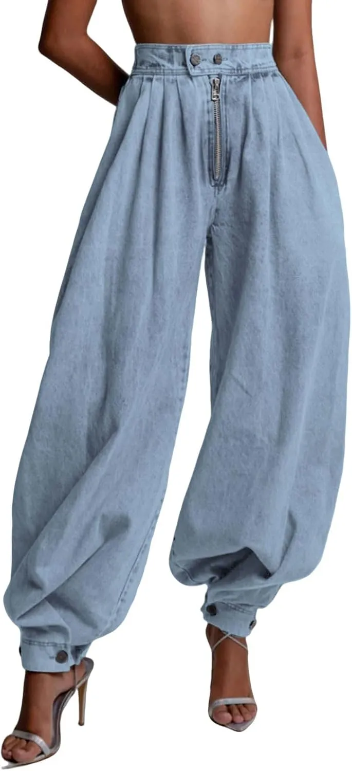 loveimgs Women Baggy Harem Jeans Joggers Denim Pants Wide Leg Jeans High Rise Sweatpants Tapered Leg Trousers