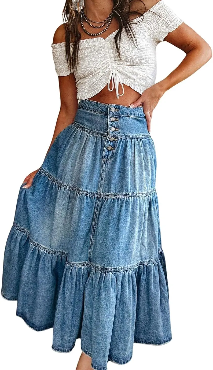 loveimgs Women High Waisted Long Jean Skirt Denim Maxi Skirt Tiered Flowy A Line Pleated Skirt Western