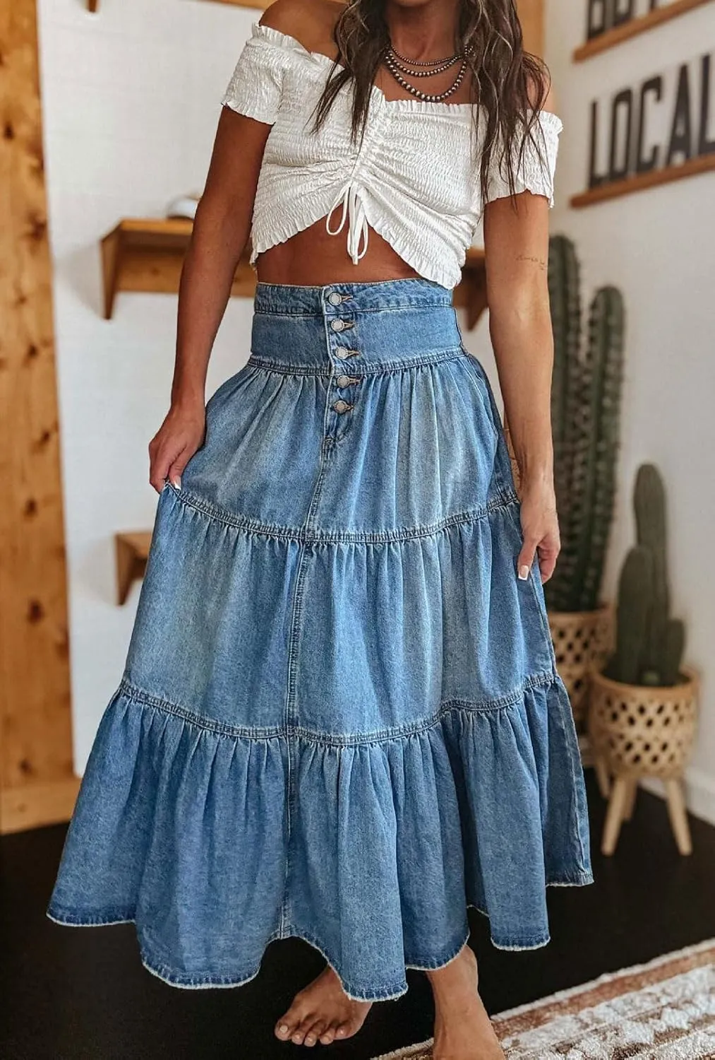 loveimgs Women High Waisted Long Jean Skirt Denim Maxi Skirt Tiered Flowy A Line Pleated Skirt Western