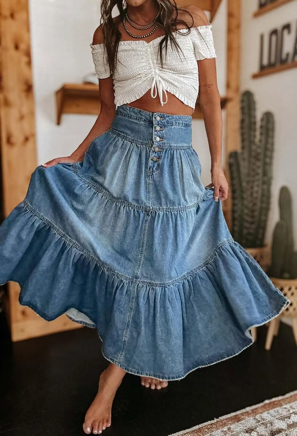 loveimgs Women High Waisted Long Jean Skirt Denim Maxi Skirt Tiered Flowy A Line Pleated Skirt Western