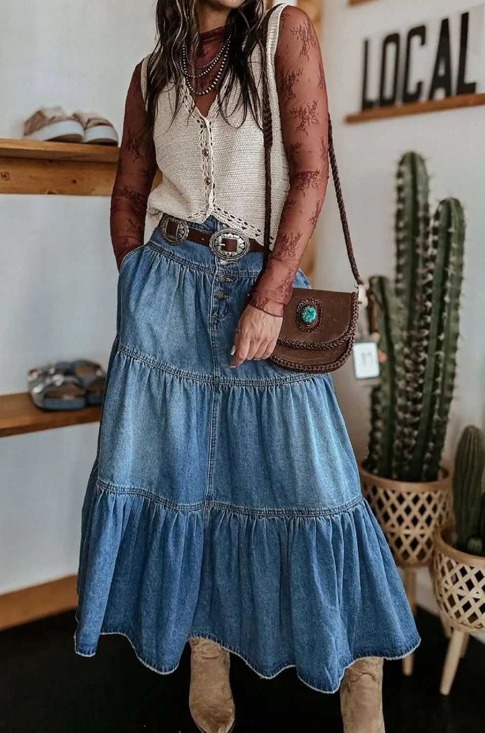 loveimgs Women High Waisted Long Jean Skirt Denim Maxi Skirt Tiered Flowy A Line Pleated Skirt Western